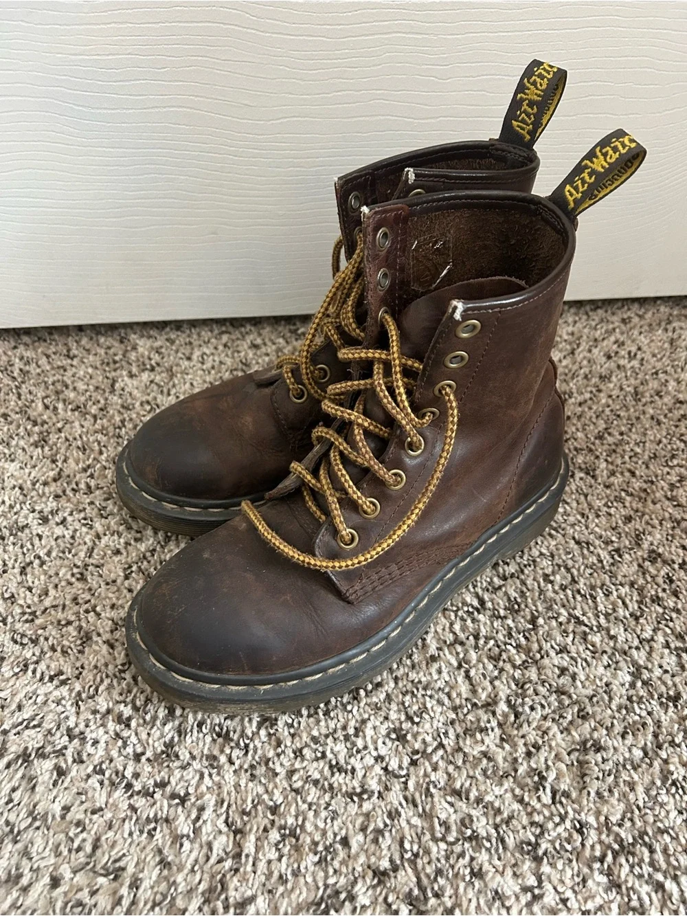 Dr. Martens Brown Leather Lace-Up Boots with Yellow Accents